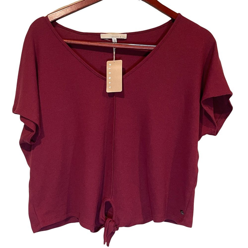 Monk Lou Shirt Blouse Women's Medium V-Neck Knot Front Tee Red Wine‎ Color NWT
